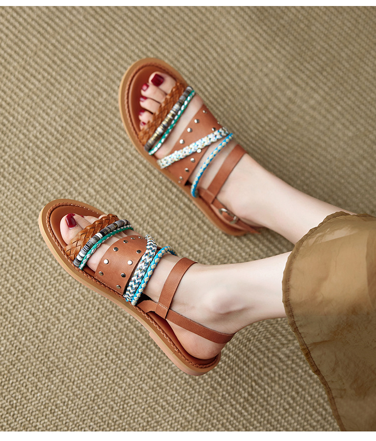 Dép sandal nữ quai ngang đế bằng da bò dệt phối màu, kiểu La Mã hở mũi — đen chi tiết 19