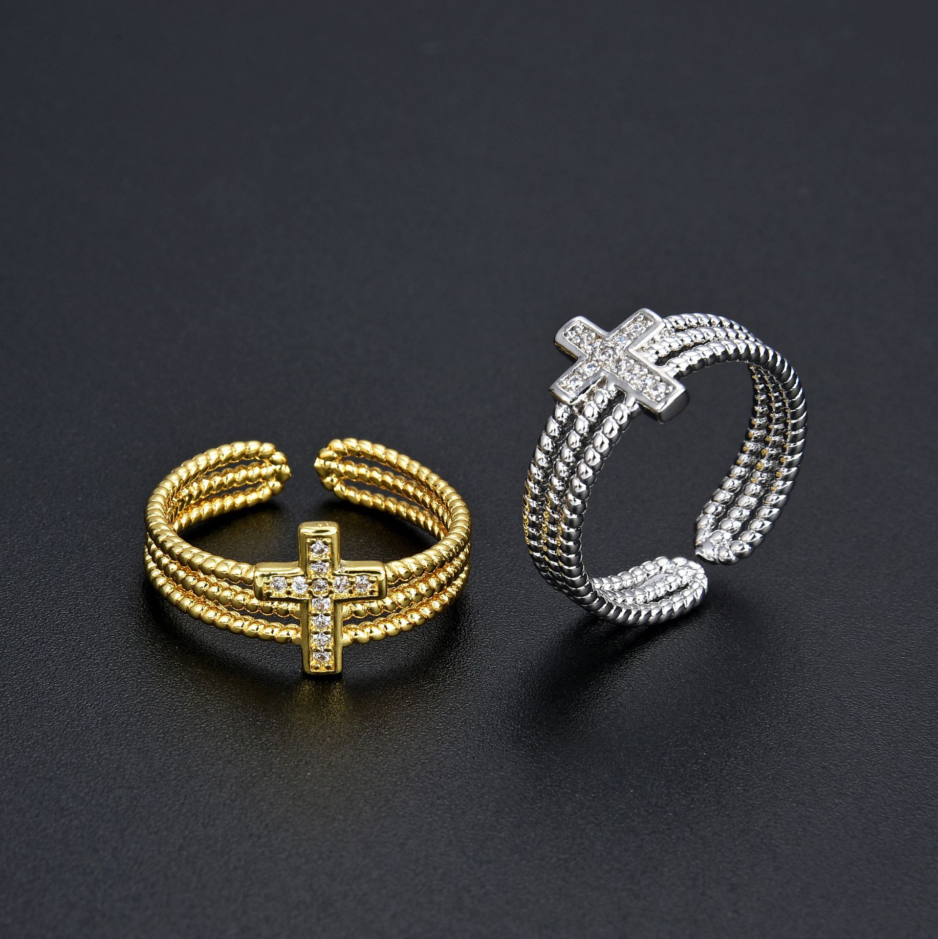 Simple Style Cross Copper Plating Inlay Zircon Unisex Open Rings display picture 2