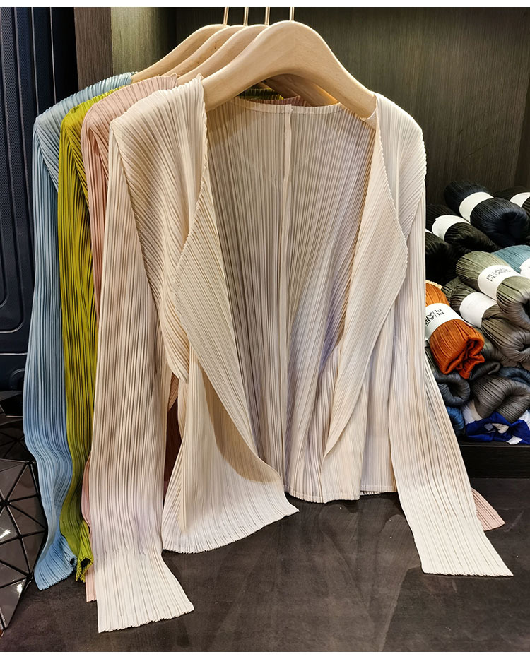 Áo cardigan nữ tay dài xếp ly không cài khuy, phong cách đơn giản cao cấp mùa xuân hè — Màu xanh lam nhạt, Màu đen, Xanh Lông Công, Màu hồng chi tiết 4