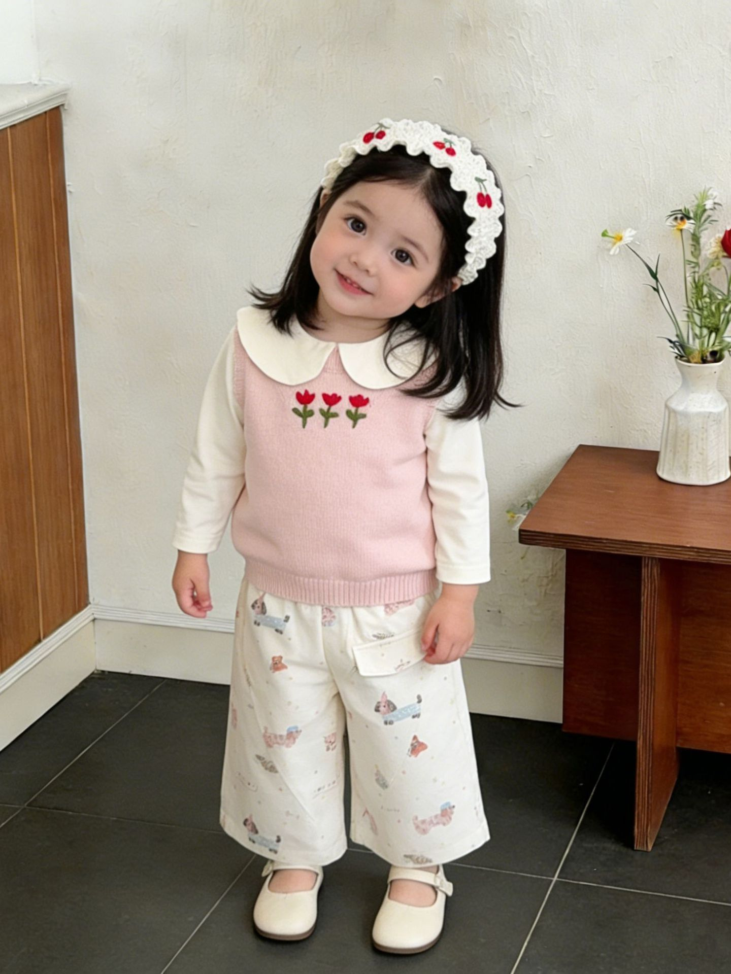 Niñas primavera extranjera chaleco de punto 2026 nuevo otoño bebé coreano plegado chaleco de moda camisa de hombro