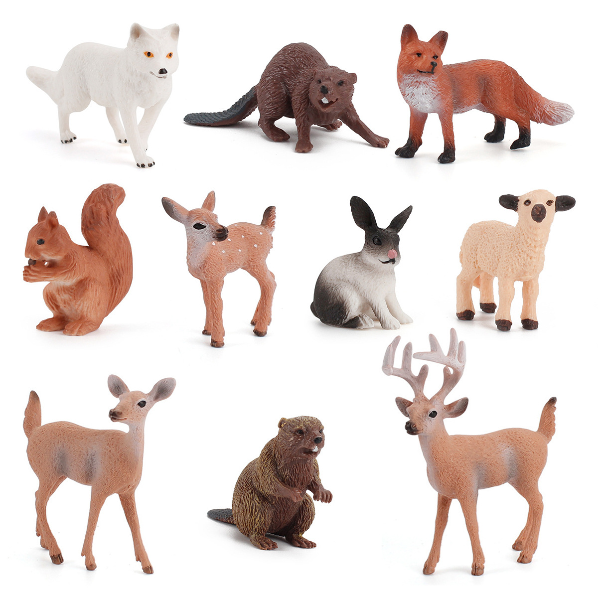 Amazon Venta caliente simulación modelo animal salvaje cola blanca ciervo conejo zorro rojo Castor estático sólido conjunto de 10 piezas