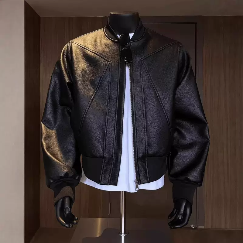 2025新设计款男防风免烫宽松型美式夹克秋季棒球领皮夹克情侣外套