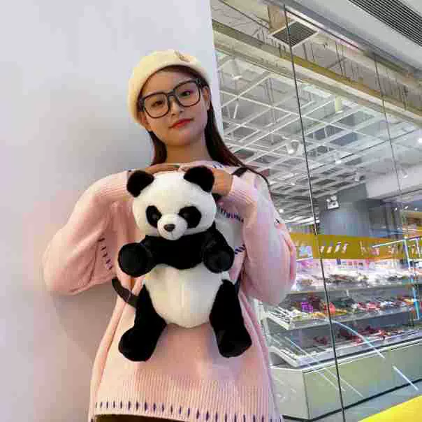 新款毛绒熊猫双肩包可爱少女背包卡通熊猫毛毛包女生潮流包批发