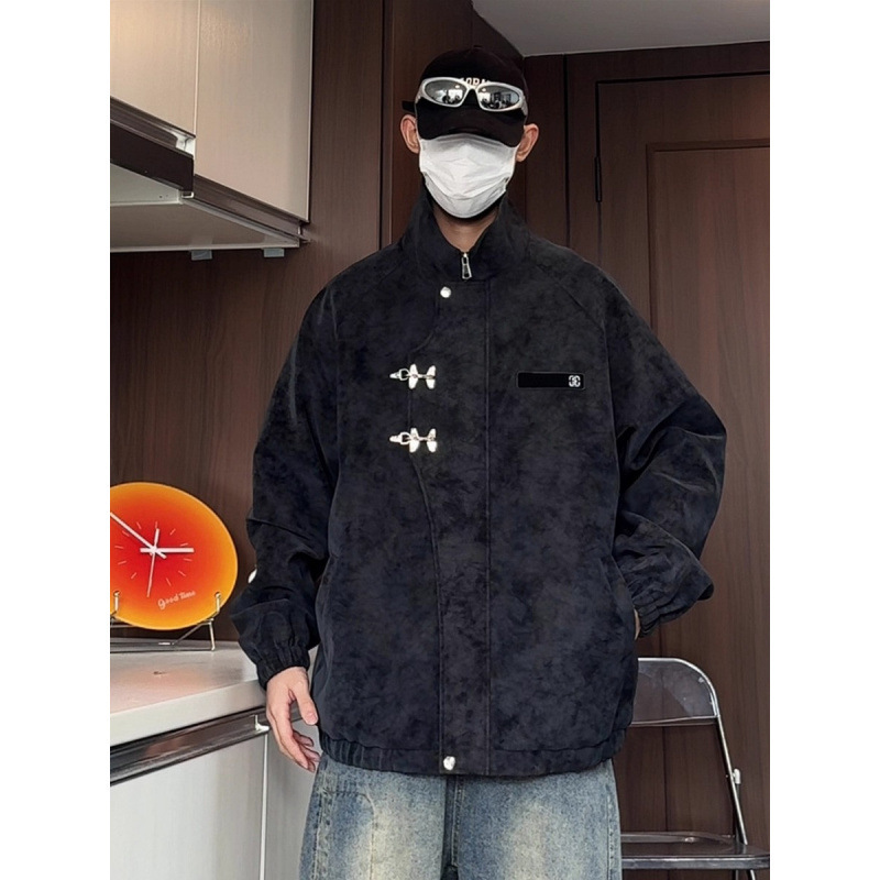 Tie-dye airplane buckle PU leather jacket, men's trendy unisex motorcycle jacket, autumn/winter loose-fit oversized stand-up collar leather jacket Tie-dye airplane buckle PU leather jacket, men's trendy unisex motorcycle jacket, autumn/winter loose-fit oversized stand-up collar leather jacket