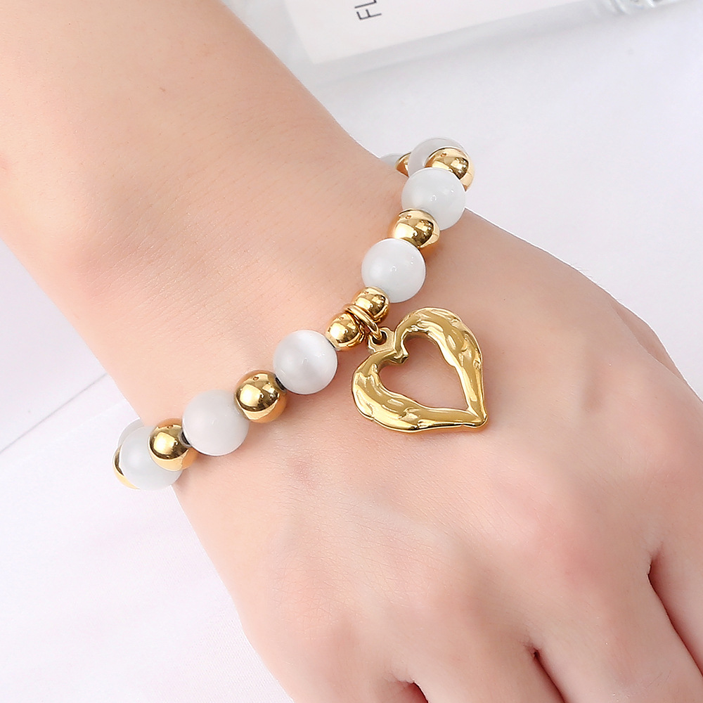 43g Weight Bracelets Classification 304 Stainless Steel Chain Material 1 Piece Quantity Holiday, Daily Occasion 304 Stainless Steel, Cat's Eye Stone Material Heart Shape Pattern Women's Gender Beaded Design Sweet Style Sweet Heart Shape 304 Stainless Steel Cat's Eye Stone Bracelets In Bulk 6
