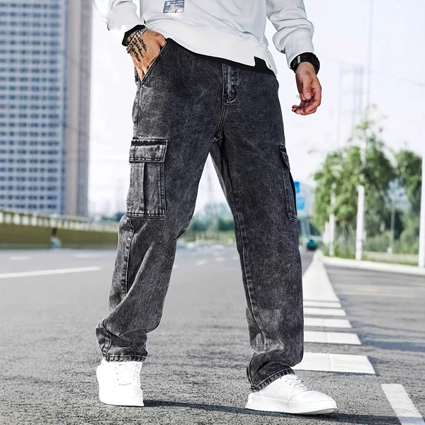 European and American Style Workwear Autumn and Winter Jeans for Men, Loose and Stacked Multi-Pocket Casual Trousers, Trendy and Fashionable Street Style