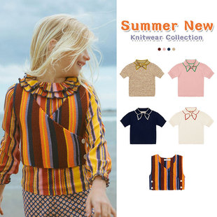 In Stock! Girls Knitwear 2025 Summer Mp Pastoral Style Baby Kidsren's Bow Tie Collar Knitwear Top