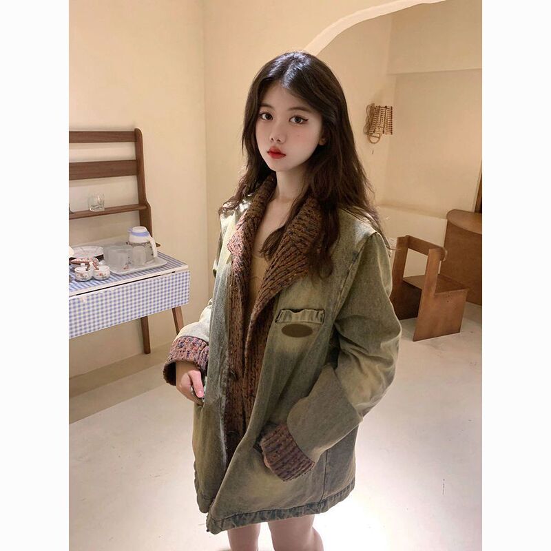 Vintage Women's Jacket with Hong Kong Style Design, Versatile Autumn and Winter Top, Patchwork Denim Jacket, Washed, Niche, Loose, Distressed