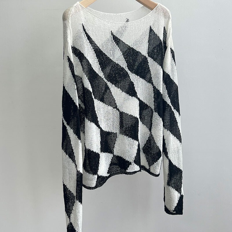 Beautiful Letter Collar on the Upper Body! Dong Jie's Same Style Lazy Black and White Contrasting Diamond Long-Sleeved Knitted Blouse Top for Women Beautiful Letter Collar on the Upper Body! Dong Jie's Same Style Lazy Black and White Contrasting Diamond Long-Sleeved Knitted Blouse Top for Women