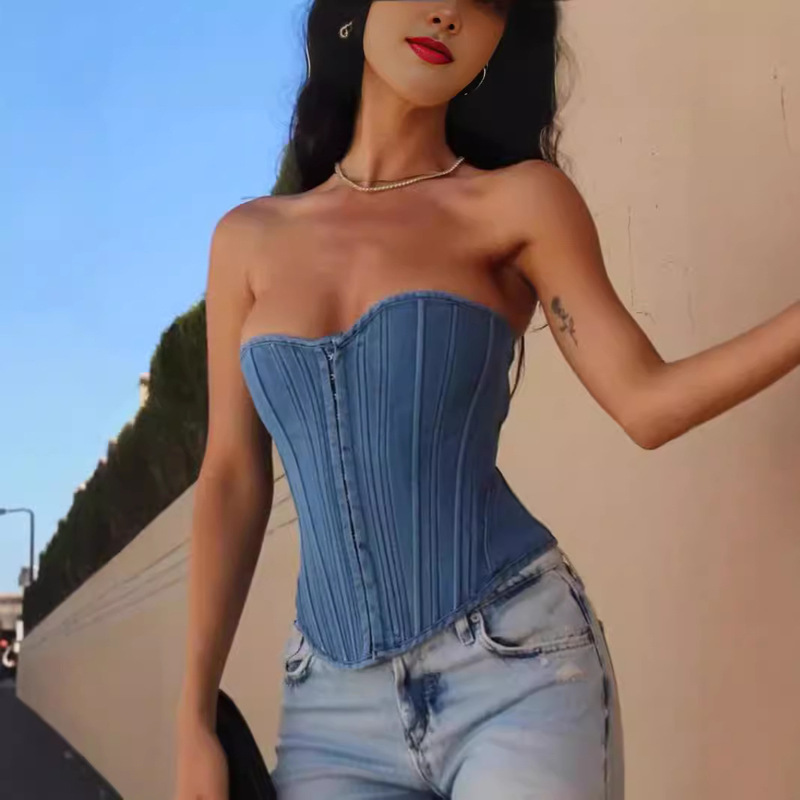European and American Street Stylish Corset Tight-fitting Eyelet Strap Vest Sexy One-shoulder Sexy Denim Split Chest Wrap