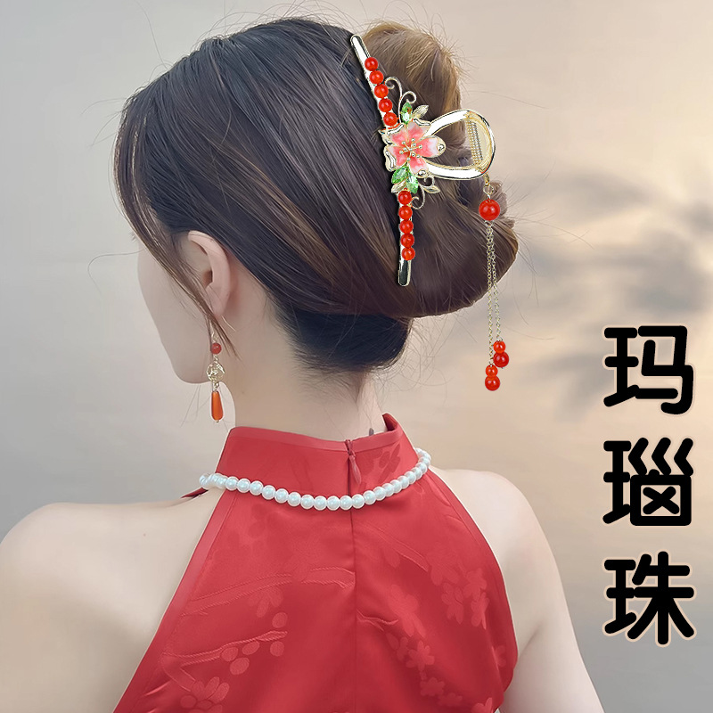 Ancient Style Red Agate Flower Hair Clip, Large Shark Clip for Women, High-End Tassel Hairpin for Back of the Head, Qipao Hair Accessory