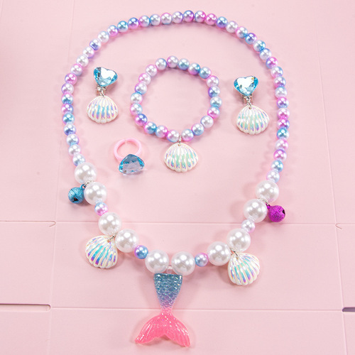 Children's jewelry pearl necklace bracelet ring seashell mermaid tail fairy pendant set