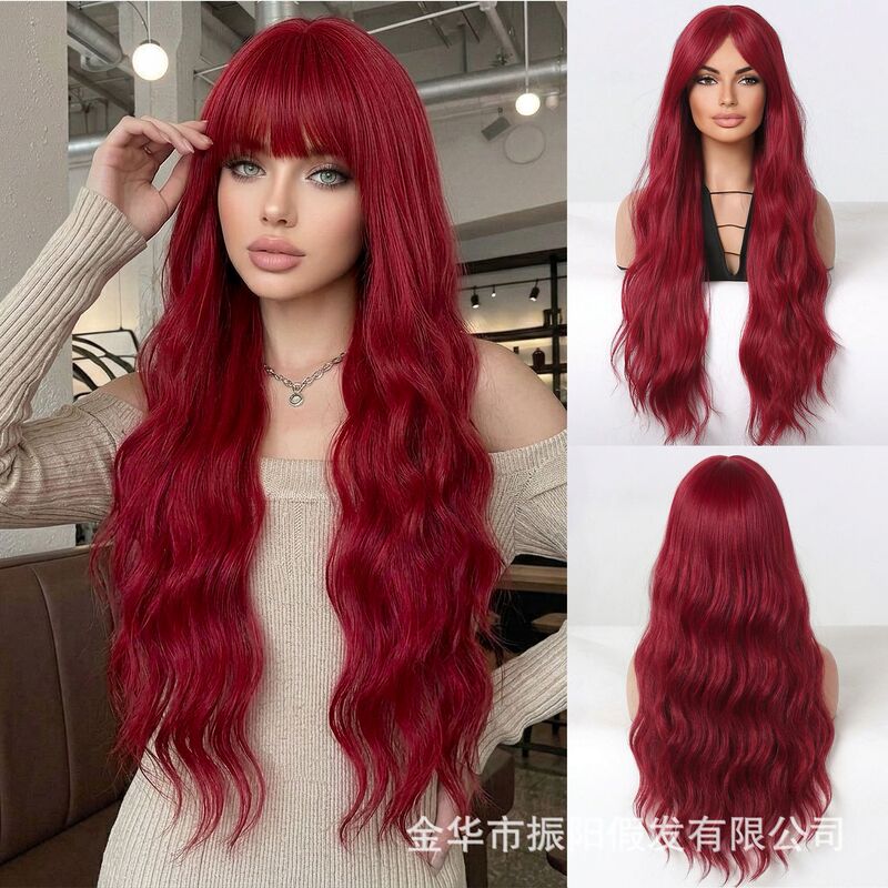 European and American Hot Girl Style Neptune Red Long Curly Wig 30Inch Big Wave High-Temperature Fiber Full Head Wig Party Hairpiece That Enhances Complexion