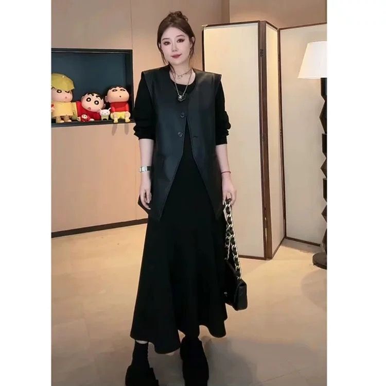 大码坎肩无袖皮马甲背心+长袖连衣裙两件套女胖mm春秋穿搭套装|undefined