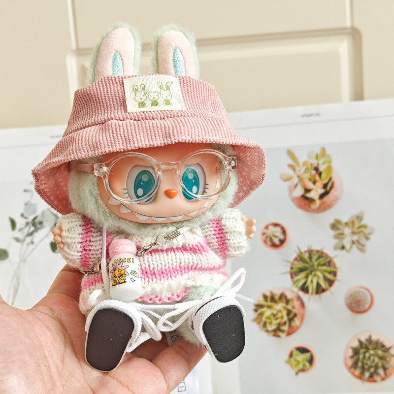 17 センチメートルビニールぬいぐるみマカロンラブブ LABUBU ベビー服ピンクのガーゼスカートヘアアクセサリー交換服|undefined