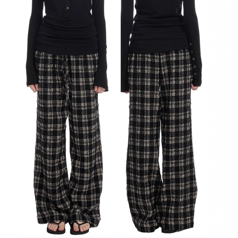 Wool Thick Autumn and Winter Low-Waist Wrinkled Black and White Plaid Home Wide-Leg Casual Pants