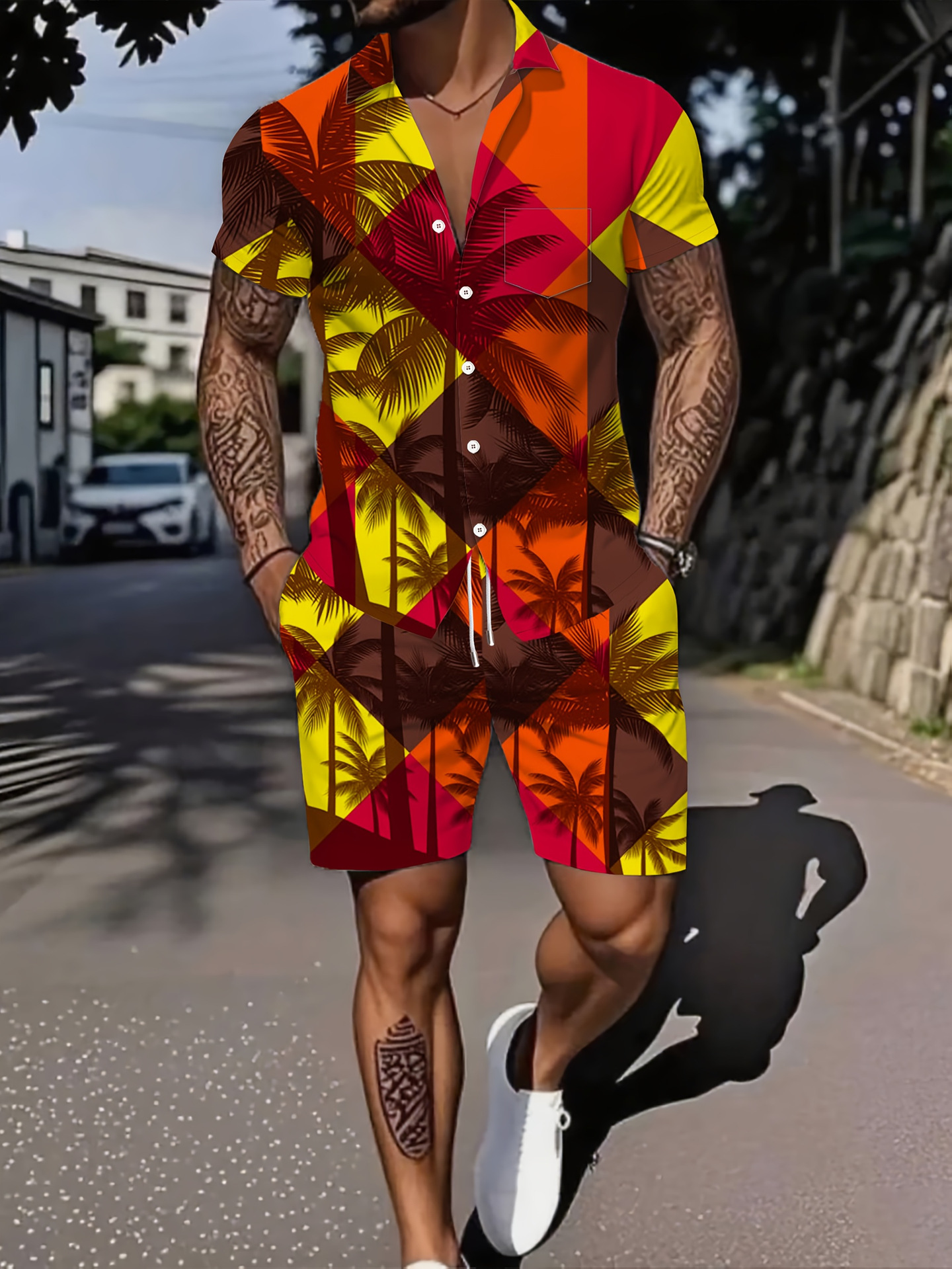 Ensemble deux pièces pour homme : chemise à manches courtes respirante et ample, imprimé lettres, style décontracté idéal pour l'été._voghion.com