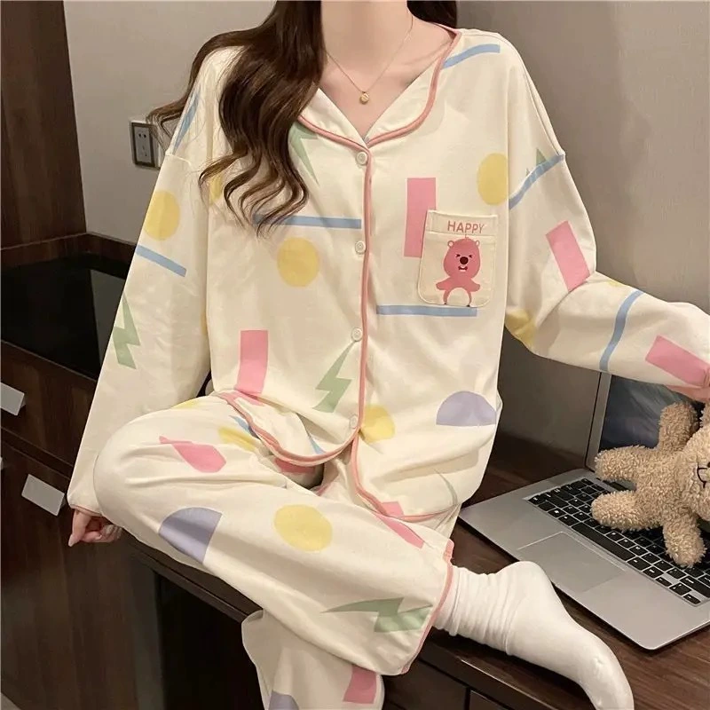 100% хлопчатобумажная пижама женская весна и осень с длинными рукавами