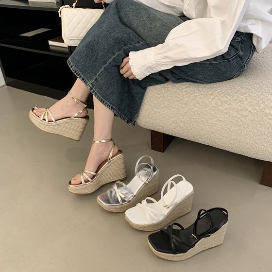 Small Height Increasing Straw Platform Sandals Women's Summer Fish Beak Hollow Beach One-Shoe Black Wedge Heeled Roman Shoes
