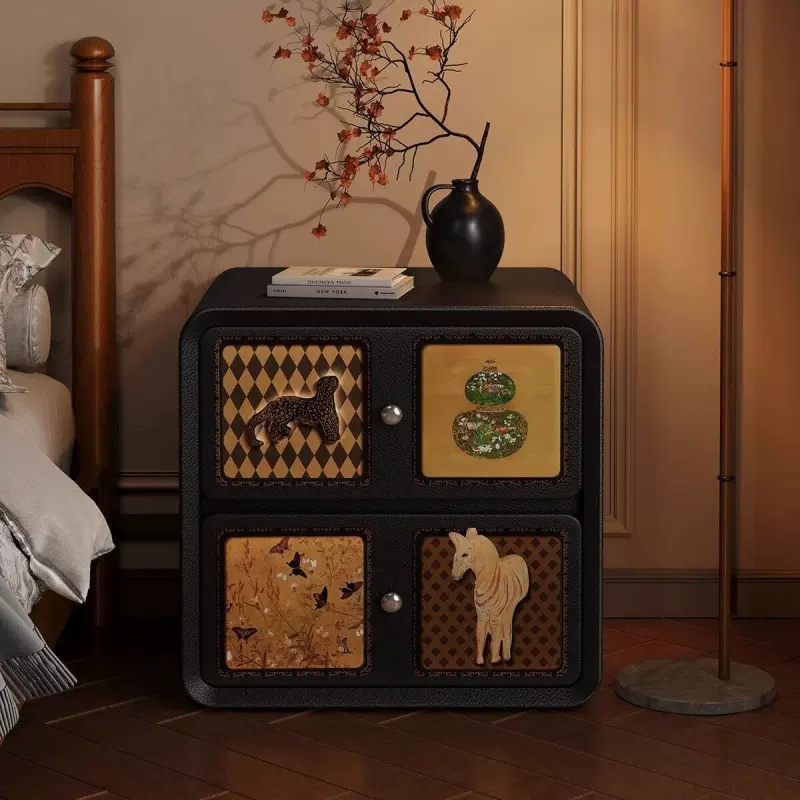 复古实木床头柜卧室中古风床边柜落地式抽屉式床头储物架轻奢桌子