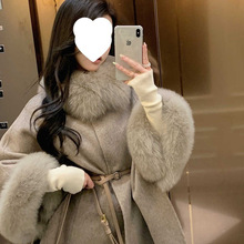 厂家2025秋冬新款狐狸毛领双面羊绒大衣女韩版羊毛呢斗篷披肩白色