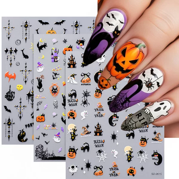 Foreign Trade Sunset Bat Halloween Nail Art Stickers European and American Cartoon Skull Spider Web 5D Relief Waterproof Nail Art Stickers