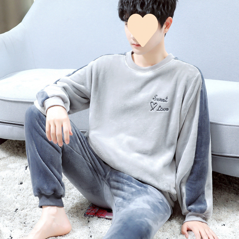 남성용 잠옷 겨울 플란넬 플러스 벨벳 두꺼운 프리미엄 양면 벨벳 겨울 청소년 남성용 홈웨어 세트