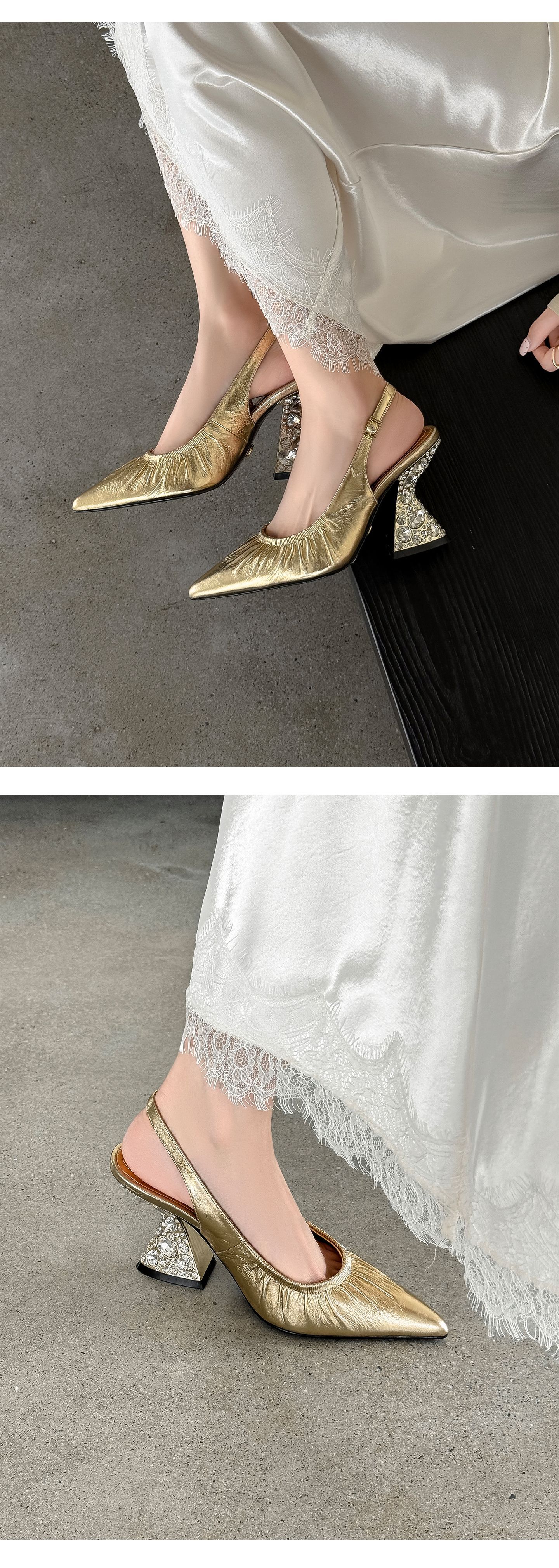 Sandal cao gót nữ mũi nhọn hở mũi quai sau xếp ly đính đá — màu đen, màu vàng, bạc chi tiết 7