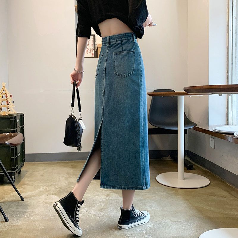 Retro Blue High-Waisted Back Slit Denim Skirt for Women Summer Small Mid-Length A-Line Slimming Look and High Hip-Hugging Skirt Retro Blue High-Waisted Back Slit Denim Skirt for Women Summer Small Mid-Length A-Line Slimming Look and High Hip-Hugging Skirt