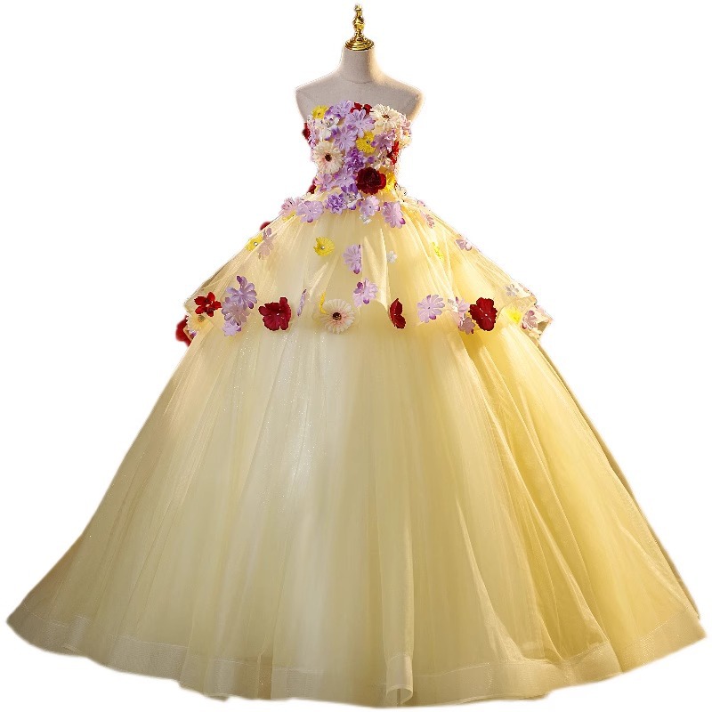 Vestido de boda de colores vestido de noche espectáculo de escenario delgado estudiante examen de arte vestido larga larga larga flor hermosa voz película solo