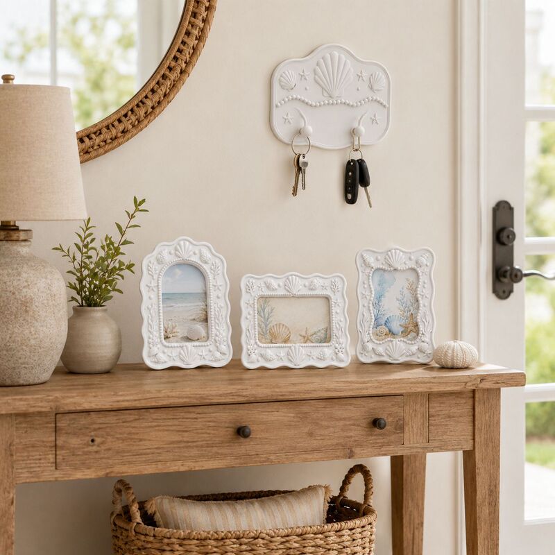 Mediterranean Pure White Ocean Photo Frame Set of 4, 3D Embossed Shell and Starfish Resin Seaside Souvenir Photo Table
