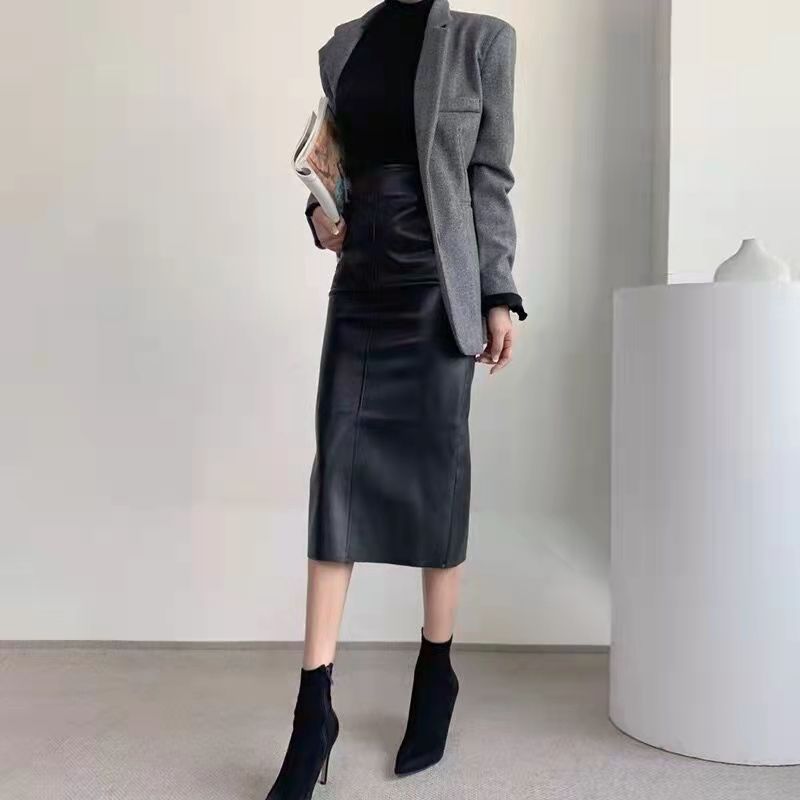 皮裙真皮女后开叉半身裙秋冬韩版气质高腰中长款直筒裙包臀一代发|undefined