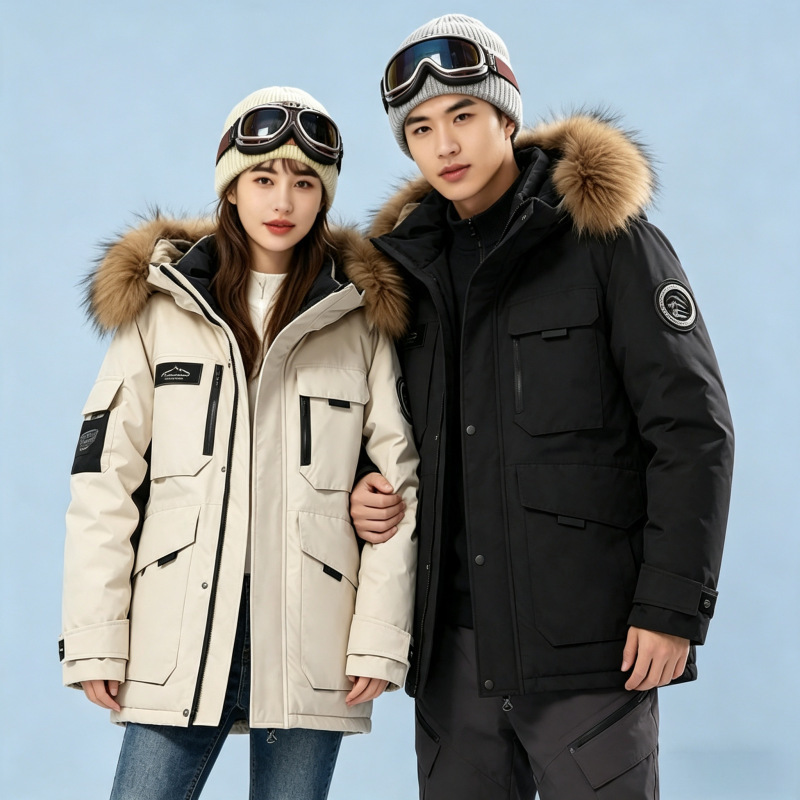 2026 Winter Cross-Border Mid-Length Couple Workwear Down Jacket, Unisex Brand, Thickened Warm Goose Down Coat