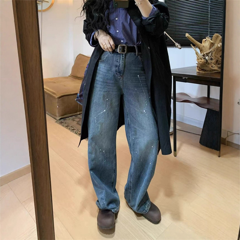 直筒牛仔裤女2025秋季新款手绘泼墨工艺百搭高腰显瘦垂感阔腿裤潮|undefined