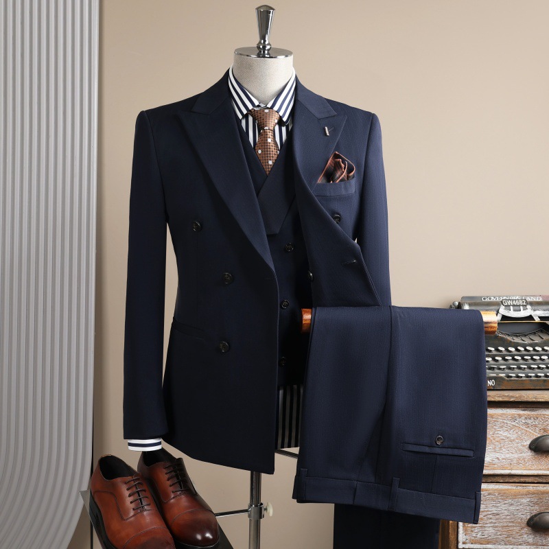 Men's Double Breasted Three Piece Suit Business Casual Korean Style Trendy Wedding Attire For Groomsmen Wrinkle Resistant_voghion.com