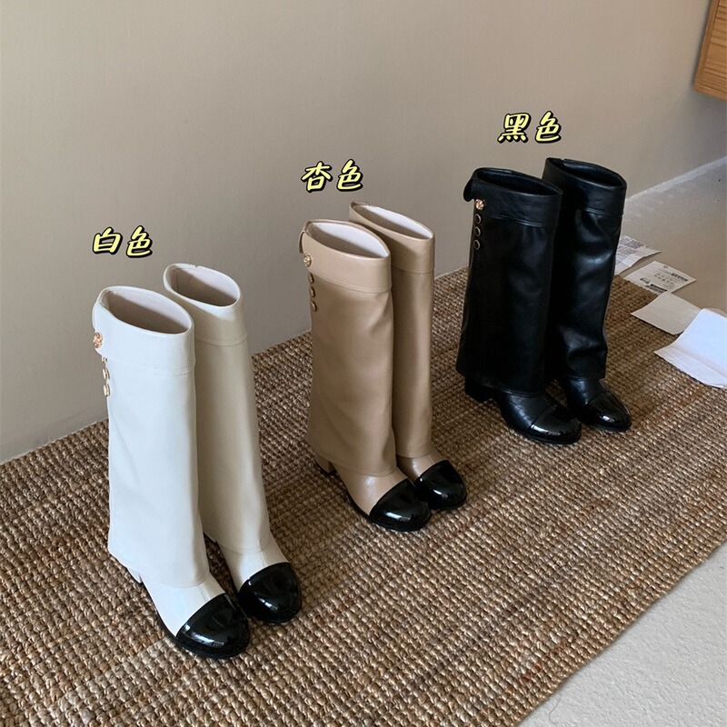 High-Heeled Chanel-Style Color-Blocked Knee-High Riding Boots for Women, 2025 New Spring, Autumn, and Winter Khaki Long Boots