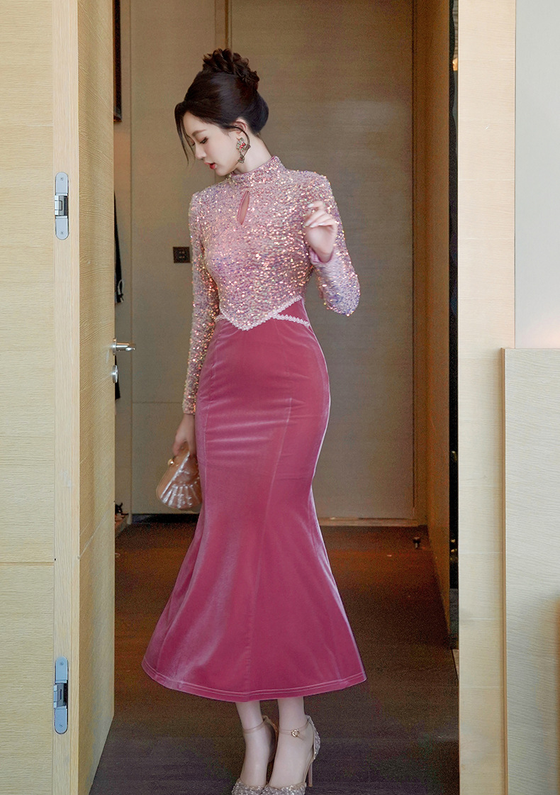 Đầm dài đuôi cá cổ tròn tay ngắn sequin nhung dự tiệc — màu hồng chi tiết 6