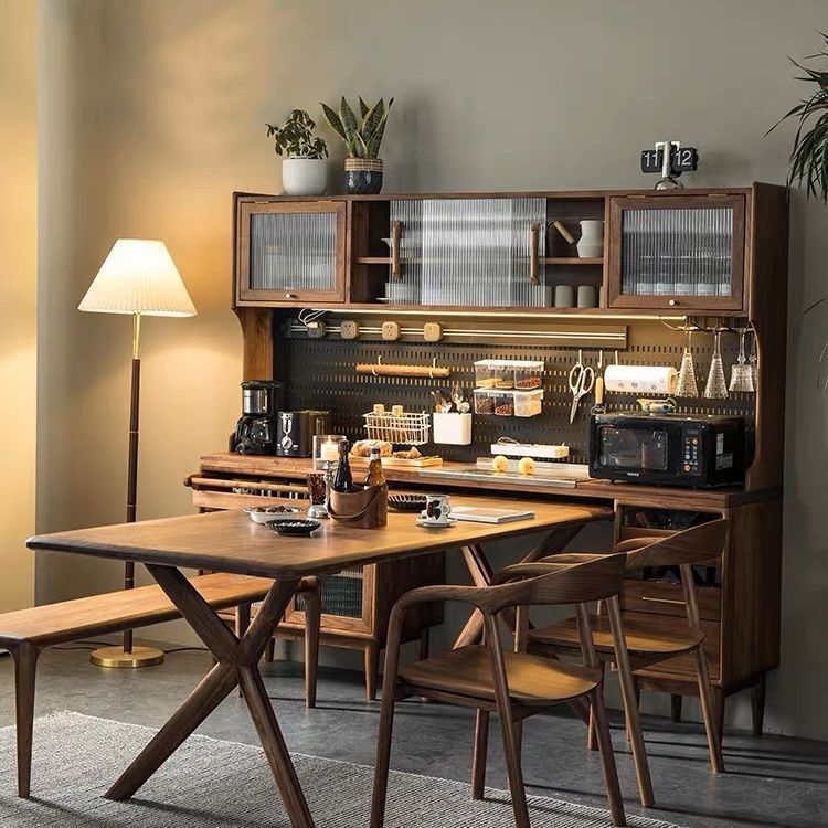 Nordic Solid Wood Sideboard Perforated Board Dining Table Retractable Integrated Wall High Cabinet with Built-In Table Wine Cabinet Kitchen Cabinet