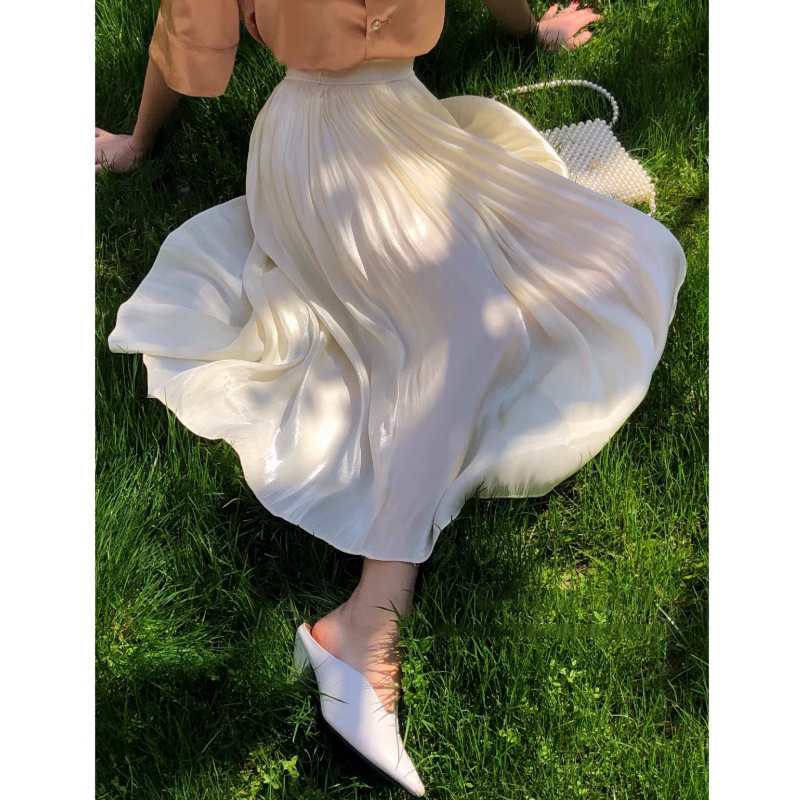 Mermaid Skirt Women's Small Mid-length Skirt Spring and Summer 2024 White Streamed High Waist A- line Skirt Umbrella Skirt