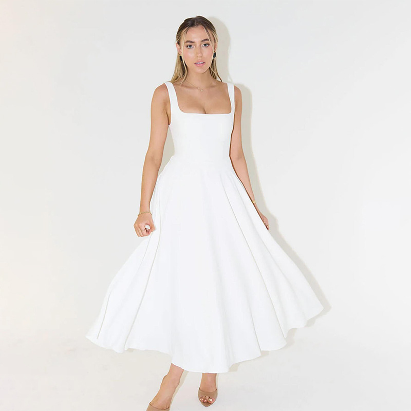 A588DS European And American Cross-Border 2024 Summer New Solid Color Square Neck Sleeveless Strap Long Fashion Women's_ecoleips.com
