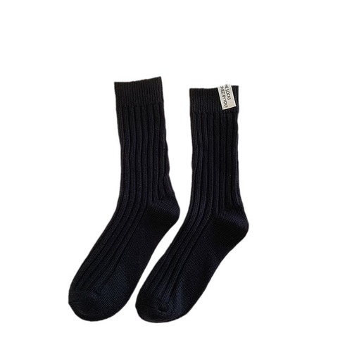 袜子女秋冬纯色简约粗线针织堆堆袜黑白色个性布标日系学院风袜子