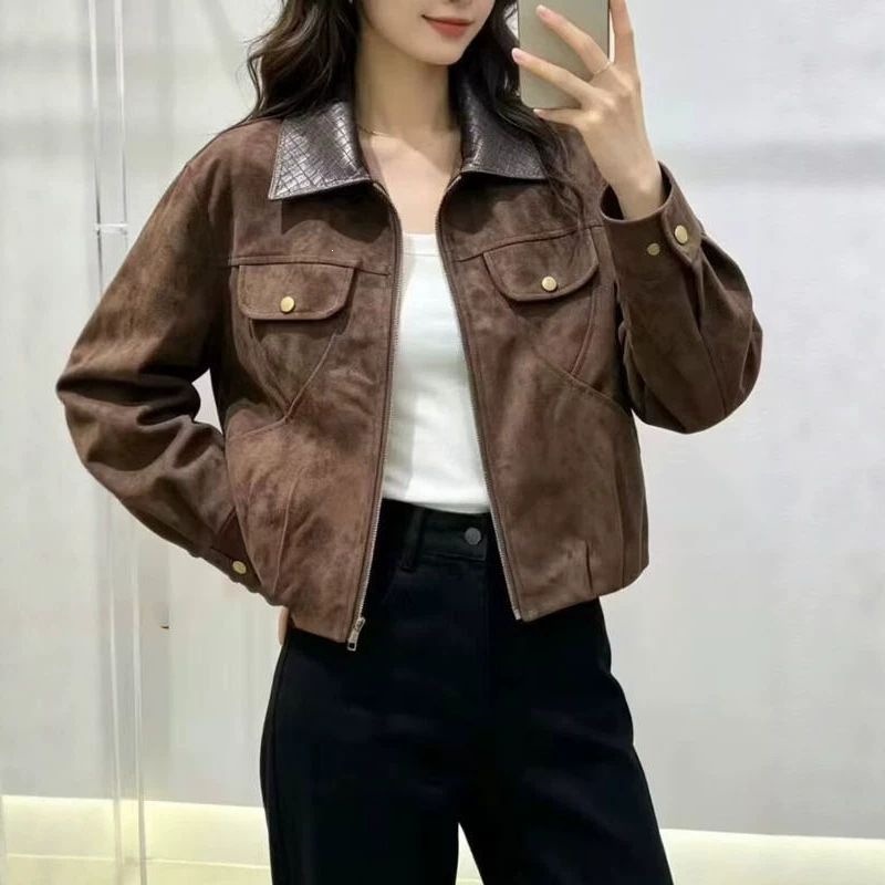2026秋季新款韩版宽松PU领拼接短款鹿皮绒外套上衣女时尚街拍显瘦