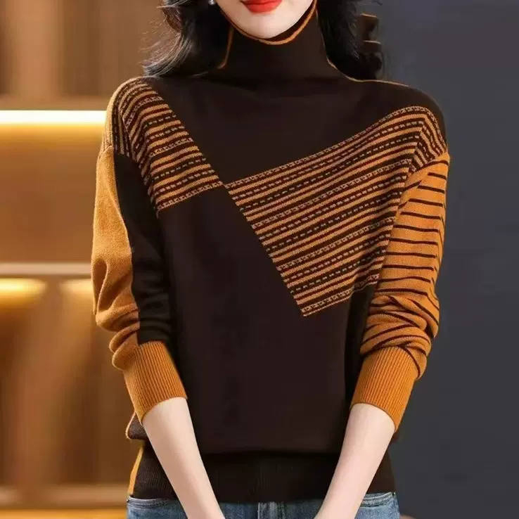 2025前后两面穿高领毛衣女秋冬拼色套头长袖时尚新款百搭针织衫女