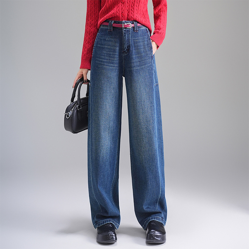 高级感时尚弯刀牛仔裤女秋冬新款高腰显瘦休闲直筒裤时髦阔腿长裤