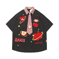 アメリカのレトロ趣味リンゴ刺繍ネクタイ半袖シャツ