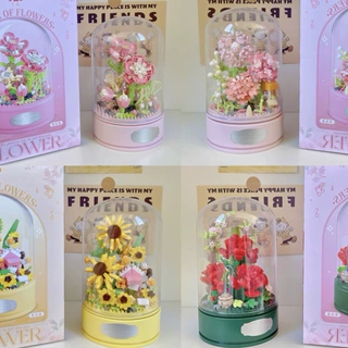 龙年新年永生花积木旋转八音盒玫瑰花拼装创意玩具女孩生日礼物
