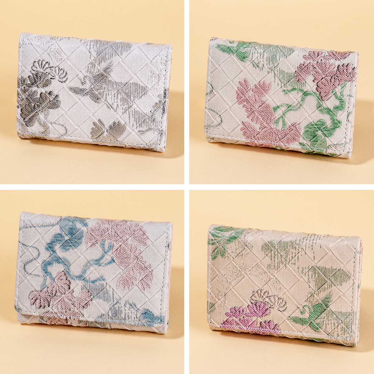 Cartera pequeña de tres pliegues de estilo nacional retro, tarjetero corto y ultrafino con impresión en color, billetera multifuncional y ligera para mujer con patrón de rombos