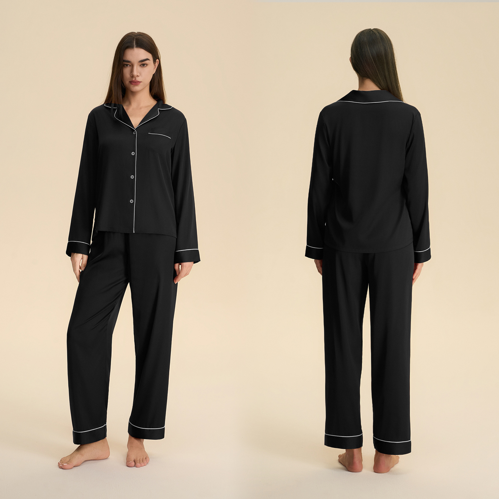 Nuevo conjunto de parejas transfronterizas de otoño satén casual y cómodo pijamas largos 3985 + 3986