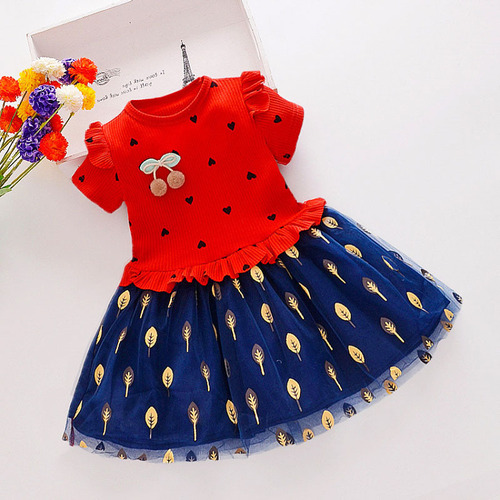 Children's dress spring and autumn fashion new children's clothing girls' spliced flower net skirt baby love princess skirt 