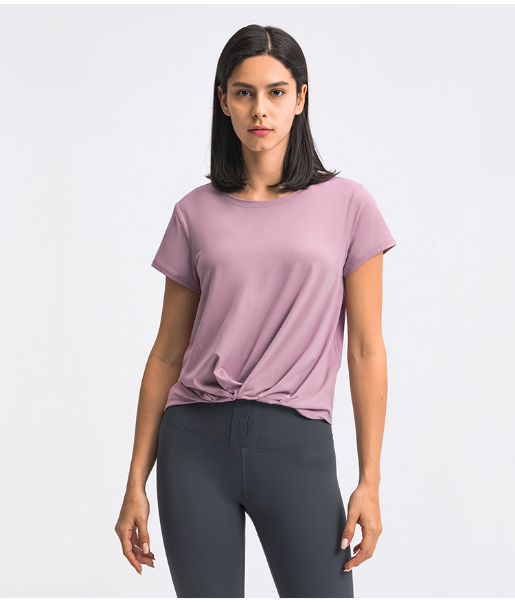 top suelto de yoga de color sólido de manga corta y cuello redondo de alta elasticidad NSDQF127266